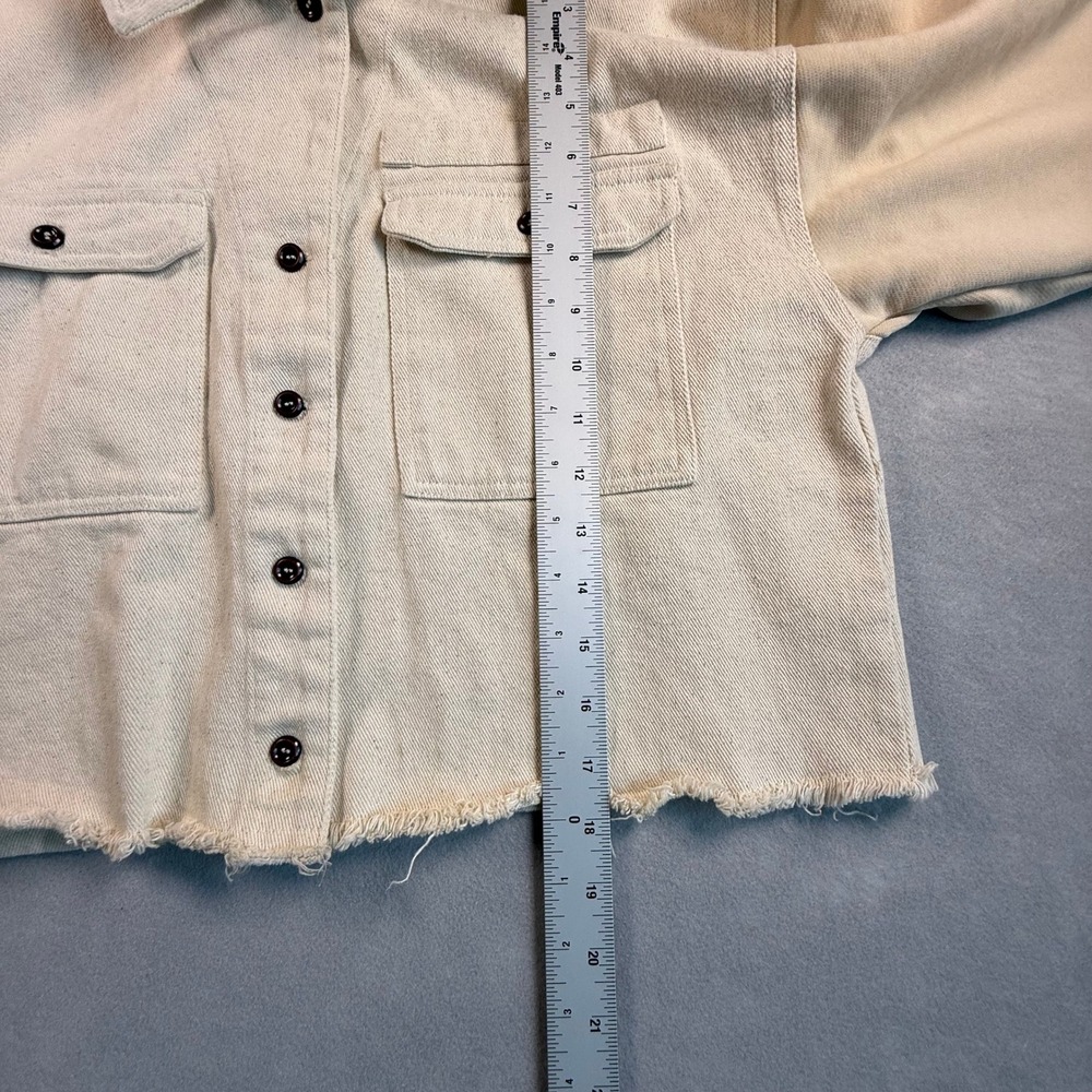 Roolee Cream Cropped Denim Jacket Mixed Media Knit Sleeves Raw Hem Small OI5312 - Picture 5 of 9
